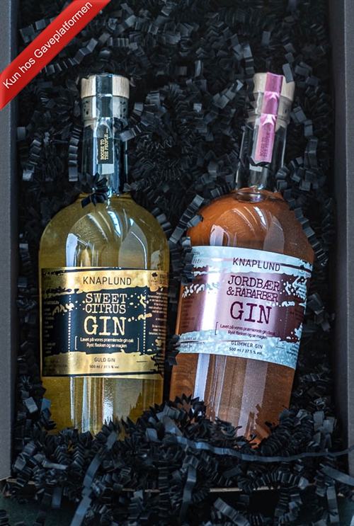 Knaplund Gin, 2 x 500 ml, Pakke med Jordbær/Rabarber med glimmer og Sweet Citrus med glimmer, 37,5% Gin, kr. 560,00 